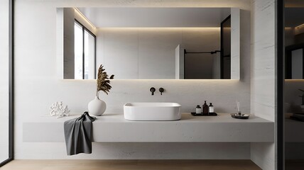 Fototapeta premium Modern minimalist bathroom vanity with a white vessel sink large illuminated mirror and sleek countertop with decorative elements and a towel