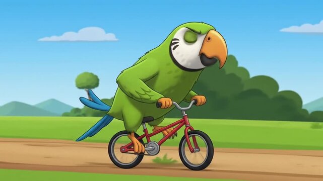 A cartoon parrot riding a bicycle on a country road.