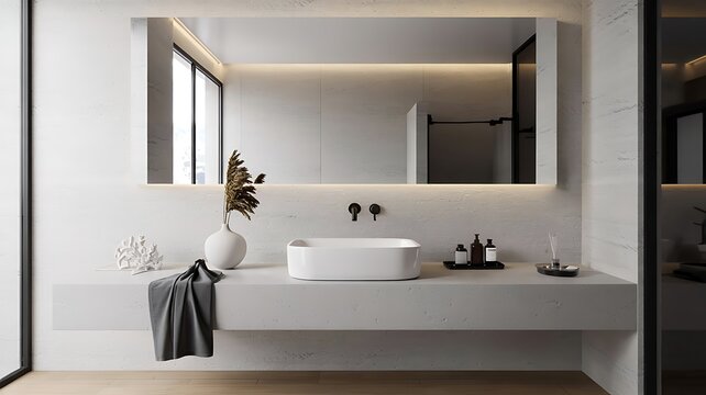 Modern minimalist bathroom vanity with a white vessel sink large illuminated mirror and sleek countertop with decorative elements and a towel - Powered by Adobe