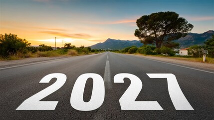 Road with the year 2017 written on it. The road is empty and the sky is orange