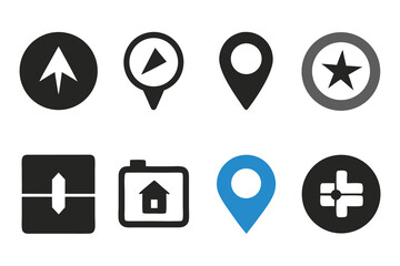 Vector art of a set of navigation and location icons for maps and directions isolated on white background