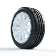 Obraz premium A pristine white car tire new, clean, isolated on a pure white background. Automotive, maintenance.