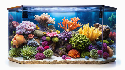 A vibrant aquarium filled with colorful coral formations and clear blue water on a white background