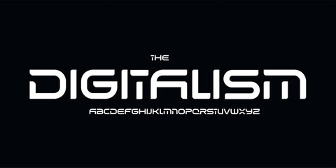 Rounded futuristic logo font, wide sci-fi alphabet. Smooth digital typeface for tech headline, cyber UI, space HUD, music stream display, modern interface, audio branding design. Vector typography