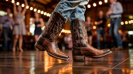 Close up of a person wearing ornate cowboy boots dancing on a wooden floor at a lively country themed event with blurred people in the background