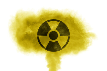 Radioactive sign and yellow toxic smoke against white background