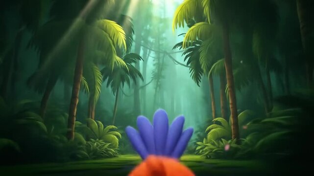 A parrot cartoon, view of a vibrant jungle, with sunlight streaming through the trees.