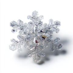 Fototapeta premium A single, perfectly formed snow crystal, highly detailed, isolated on a pure white background. Winter, unique, intricate.