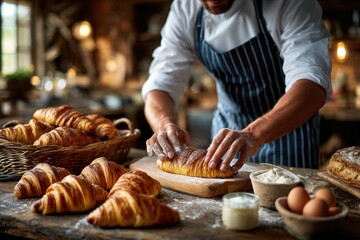 Baker preparing fresh croissants in a rustic kitchen during the morning