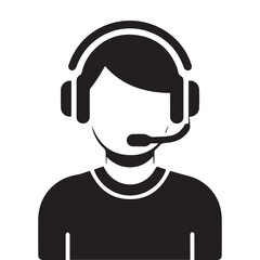 A minimalist black and white icon illustration of a customer service representative wearing a headset. 