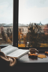 Person sitting by a window reading a Bible with a cup of coffee and a croissant on the windowsill, overlooking a rainy autumn park
