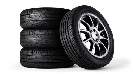 Obraz premium Four tires stacked on top of each other. The tires are black and the wheel is silver. Concept of stability and strength, as the tires are stacked on top of each other and the wheel is large and sturdy