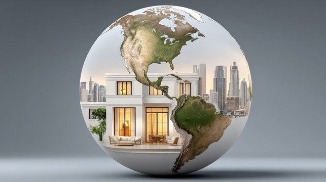 Globe with a house on it. The house is surrounded by a green area. The globe is on a grey background - Powered by Adobe