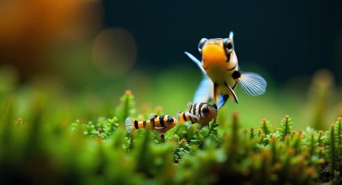 Beautiful 4K HD video of Zebra Danio with baby swimming side by side, highlighting intimate fish behavior and detailed aquatic environment.

