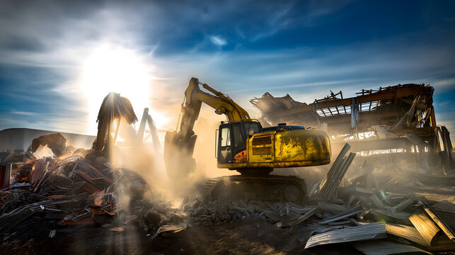 Bulldozer Demolishing Lightweight Structures at Construction Site