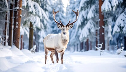 Majestic white deer in snowy forest
