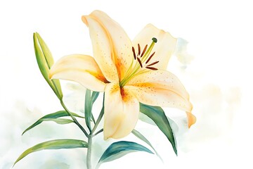 Elegant Pale Yellow Watercolor Lily Flower, Soft Light, Botanical Illustration