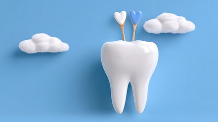 Tooth with two hearts on it is shown against a blue sky. Concept of warmth and love, as the hearts represent affection and care. The blue sky adds a touch of serenity and calmness to the scene