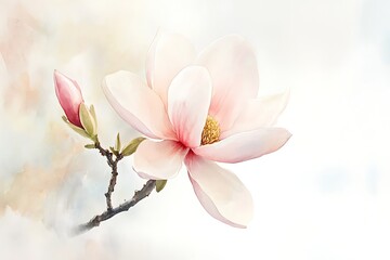 Obraz premium Soft Pink Magnolia Blossom Watercolor Painting, Delicate Spring Floral Art