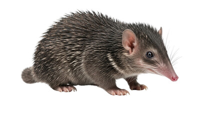 A full body shot of a tenrec with spiky fur and a long snout, isolated on a white background.