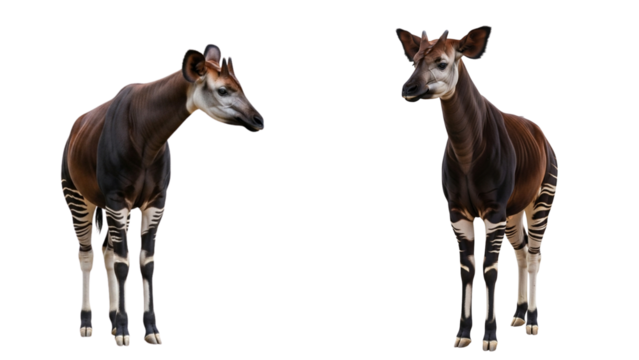 A full body shot of an okapi with striped legs and velvety brown coat, isolated on a white background.