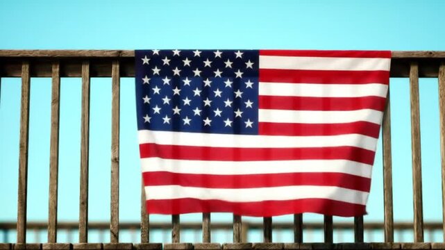 United States flag displayed on a rustic wooden fence under a bright blue sky.