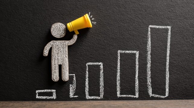 A chalk figure stands on a bar graph step, holding a yellow megaphone to amplify a message, symbolizing growth, communication, and success.