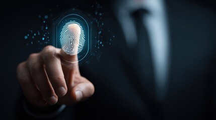 A person in a suit interacts with a digital fingerprint scanner, symbolizing biometric security and identity verification technology.