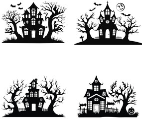 Set of Halloween haunted houses silhouette. A big bundle vector illustration perfect for halloween project. Haunted House, Owl, Candle, Mask, Chains, Graveyard, Raven