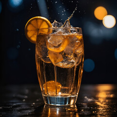 A refreshing glass of sparkling citrus drink caught in mid-splash, surrounded by dramatic lighting and bokeh. Energetic and bold, perfect for food, drink, or celebration themes.