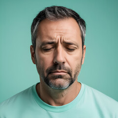 Obraz premium A regretful man in his 40s looks down sadly against a seafoam pastel background, reflecting on his remorse and sorrow.