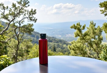 Red Water Bottle on Table with Mountain Landscape