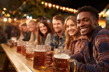 A diverse group of friends enjoys large mugs of beer at an outdoor bar with festive string lights in the background.