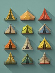 Explore camping adventure outdoors icon set flat design tents nature
