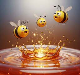 Obraz premium Cute Bees with Golden Honey Droplets