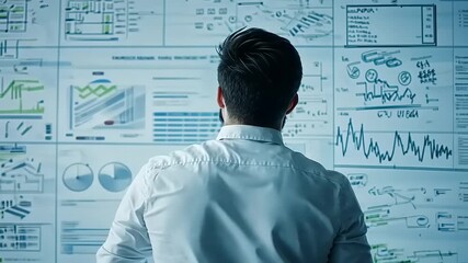 Man analyzing complex data visualizations on a digital wall, immersed in strategic planning - Powered by Adobe