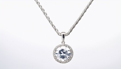 Fototapeta premium silver chain holding beautiful round brilliant cut diamond pendant isolated on white background ideal for jewelry and luxury concepts