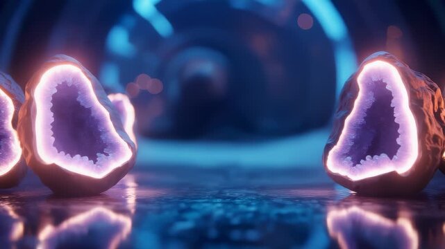 Glowing Purple-Rimmed Rocks Separate on Reflective Surface