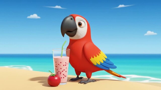 Cartoon macaw parrot on a beach, enjoying a smoothie.