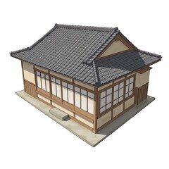 Traditional japanese House with Tile Roof, cartoon simple 3d illustration, isolated on white background