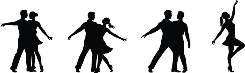 Dance silhouette group, elegant pose, ballroom and contemporary movement, expressive choreography, graceful line art, black and white illustration