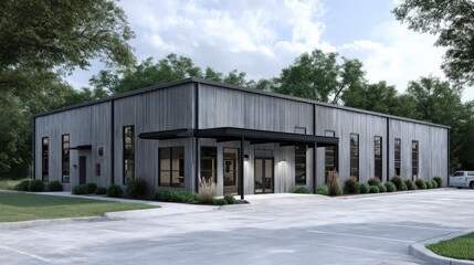 Fototapeta premium Modern industrial-style metal building with large windows and a covered entrance, surrounded by trees and a paved driveway.
