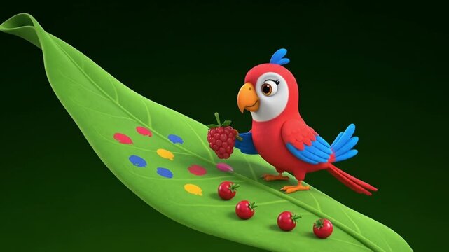 A cheerful cartoon macaw perches on a large green leaf, holding a raspberry, surrounded by colorful dots and smaller berries.