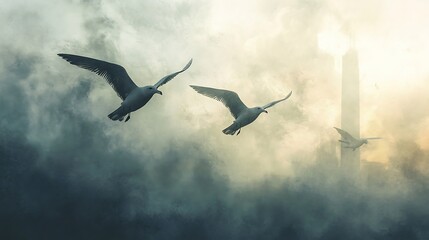 Naklejka premium Three seagulls soaring through a foggy sky with a distant monument in the background view scene