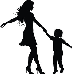 Mother and child silhouette, holding hands, emotional parenting, family bond, nurturing moment, black white, unity, love, peaceful connection, outdoors
