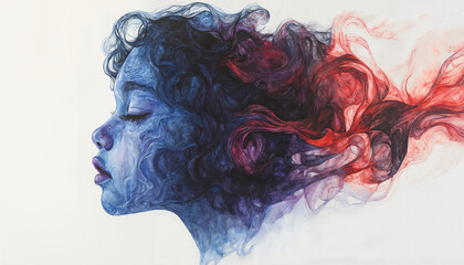 Watercolor profile of a dreamy child with closed eyes and swirling colorful abstract hair

