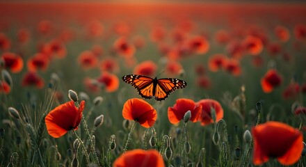Obraz premium Monarch butterfly in a field of vibrant red poppies.