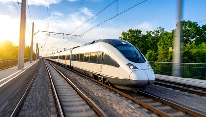 Naklejka premium High-speed train speeding on tracks, sunlit day