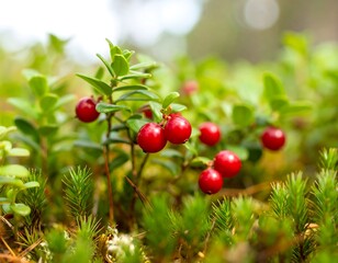 Obraz premium Close-up of red berries in a mossy forest