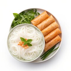 Vibrant Vietnamese vermicelli noodles served with crispy spring rolls, showcasing a delicious and colorful dish perfect for food enthusiasts.